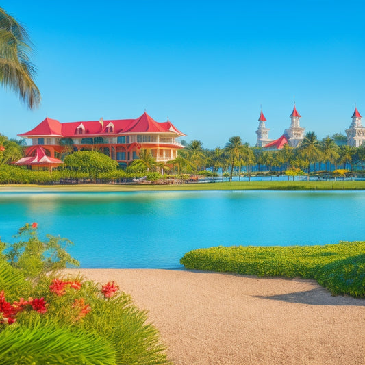 A serene, sun-kissed beach with tranquil turquoise waves gently lapping at the shore, surrounded by lush green palm trees, vibrant hibiscus flowers, and a majestic Disney-themed resort in the background.