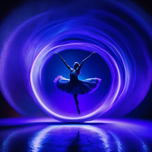 A darkened stage with a single spotlight shining down on a dancer in mid-leap, surrounded by faint, glowing orbs, with abstract, swirling patterns of blue and purple hues in the background.