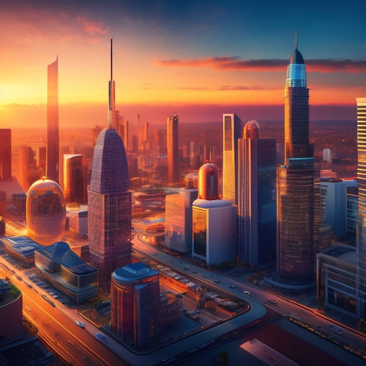 A stylized illustration of a virtual cityscape at sunset, featuring various interconnected buildings, each representing a different online community platform, with avatars of professionals from diverse backgrounds networking and collaborating within.