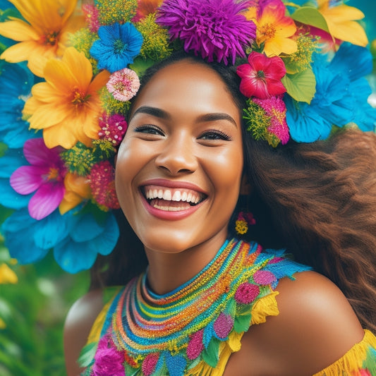 A vibrant illustration of a smiling hula girl with a few colorful stickers stuck to her floral garland, grass skirt, and tropical flower-adorned hair, surrounded by scattered stickers.