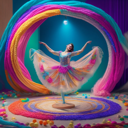 A whimsical illustration of a dancer twirling amidst swirling threads, beads, and sequins, surrounded by embroidery hoops, scissors, and spools of colorful yarn, set against a soft, pastel background.