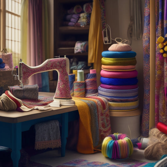 A whimsical, dreamy illustration of a sewing room with rolls of colorful fabrics, threads, and ribbons surrounding a wooden mannequin adorned with a half-sewn, intricately patterned costume piece.