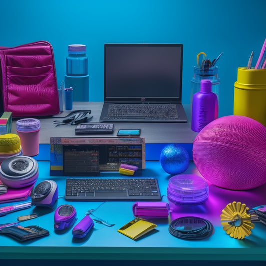 A colorful illustration of a dancer's studio with a desk in the corner, surrounded by dance gear and budgeting tools such as laptops, calculators, and colorful folders.