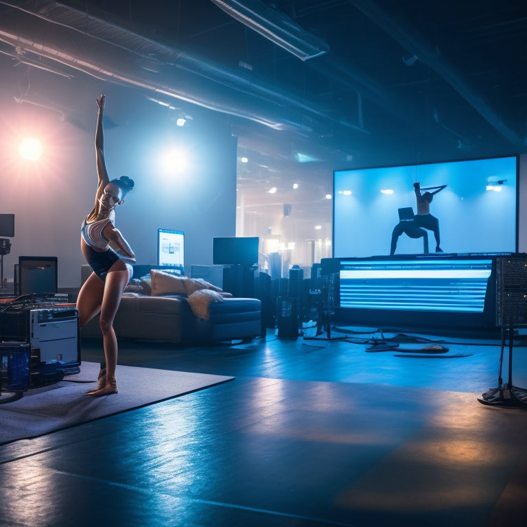 A dancer in a modern dance studio, surrounded by laptops and smartphones, with a cityscape or urban background, incorporating subtle digital elements, such as glowing screens or wifi signals.