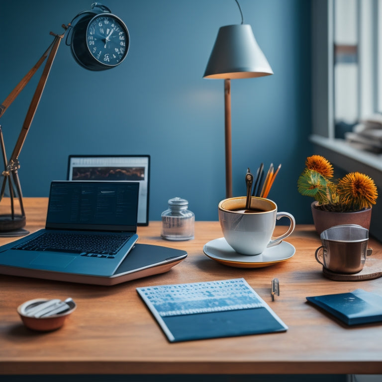 A minimalist desk with a laptop, a cup of coffee, and a few art supplies, surrounded by clock gears and cogs, with a subtle background of painter's palette and brushes.