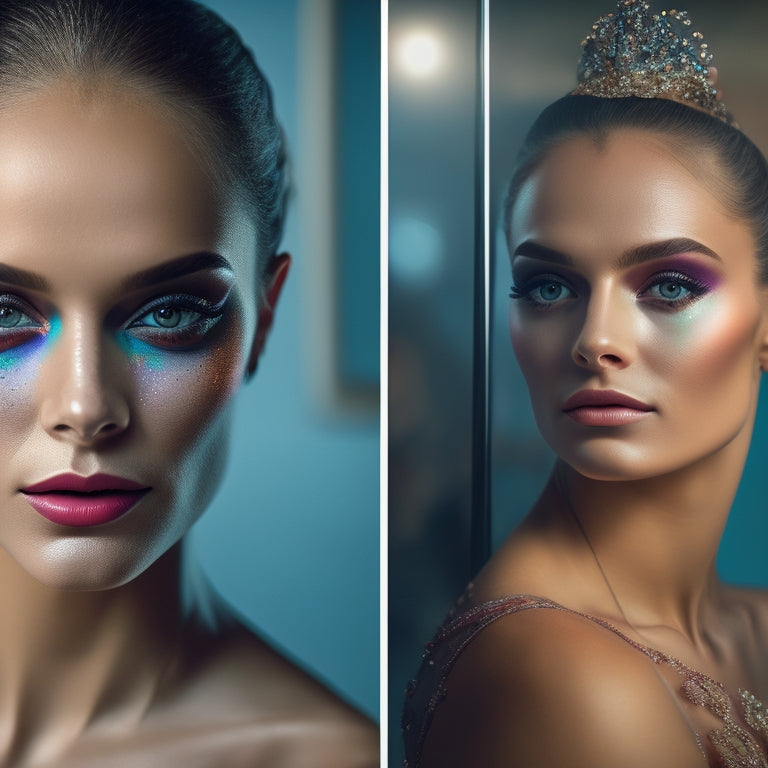 A split-screen image featuring a dancer's face with a natural, everyday makeup look on one side, and a bold, fantastical, special effects makeup design on the other, with a subtle background of dance studio mirrors.