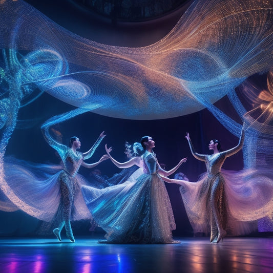 A futuristic digital canvas with swirling threads of LED lights, intertwined with flowing fabric patterns, surrounded by 3D models of dancers in various costumes, amidst a backdrop of coding screens and artistic sketches.