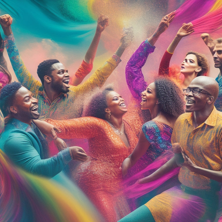 A vibrant, dynamic illustration depicting a diverse group of people dancing in unison, surrounded by swirling patterns of bright colors, with bold brushstrokes and energetic movements.