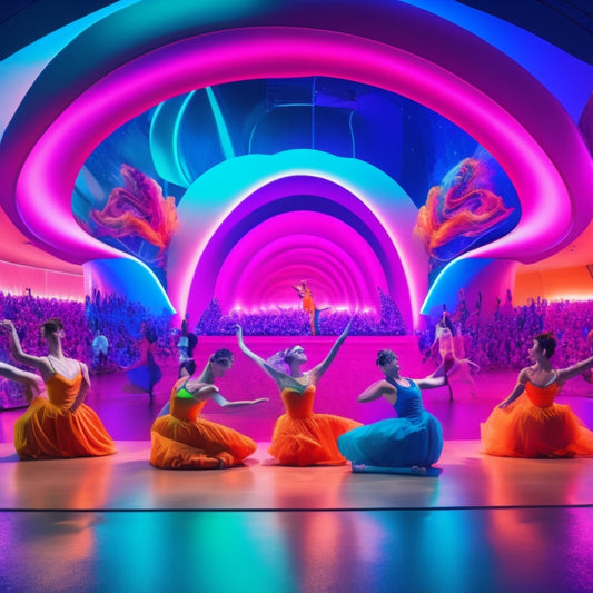 A futuristic dance studio with a giant screen displaying a virtual ballet studio, surrounded by dancers in various poses, with laptops, VR headsets, and tablets scattered around, amidst a whirlwind of colorful digital swirls.