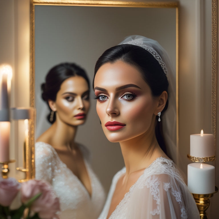 A softly lit, elegant makeup studio with a sleek, minimalist aesthetic, featuring a beautiful bride-to-be in a lace veil, surrounded by luxurious makeup products and ornate mirrors.