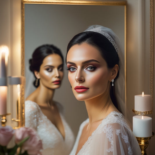 A softly lit, elegant makeup studio with a sleek, minimalist aesthetic, featuring a beautiful bride-to-be in a lace veil, surrounded by luxurious makeup products and ornate mirrors.