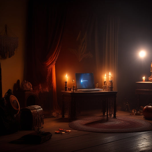 A dramatic, dimly-lit dance studio with a single, flickering candle, surrounded by dusty, forgotten belly dance props, and a laptop with a dark, cracked screen in the center.