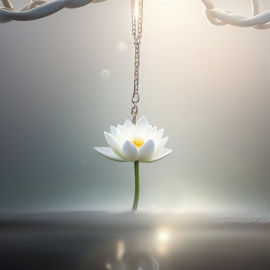 A serene, minimalist illustration featuring a breaking chain, with a delicate lotus flower blooming at its center, surrounded by gentle, swirling mist and soft, warm light.