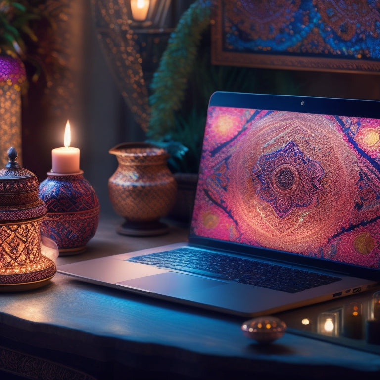 A whimsical illustration featuring a laptop with a glowing screen, surrounded by Middle Eastern-inspired patterns, flowers, and intricate lanterns, with a subtle belly dancer's silhouette in the background.