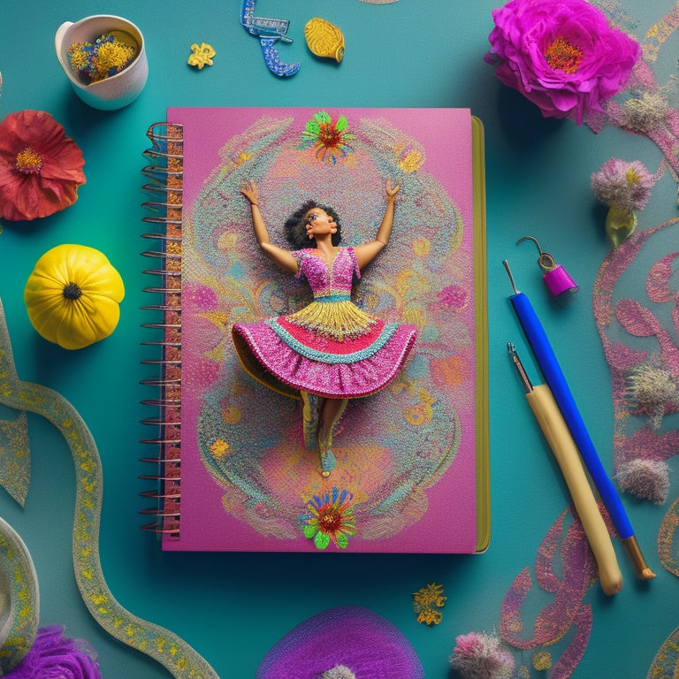 A whimsical illustration of a dancing figure, surrounded by swirling patterns of colorful fabrics, flowers, and musical notes, with a vibrant notebook lying open at their feet.