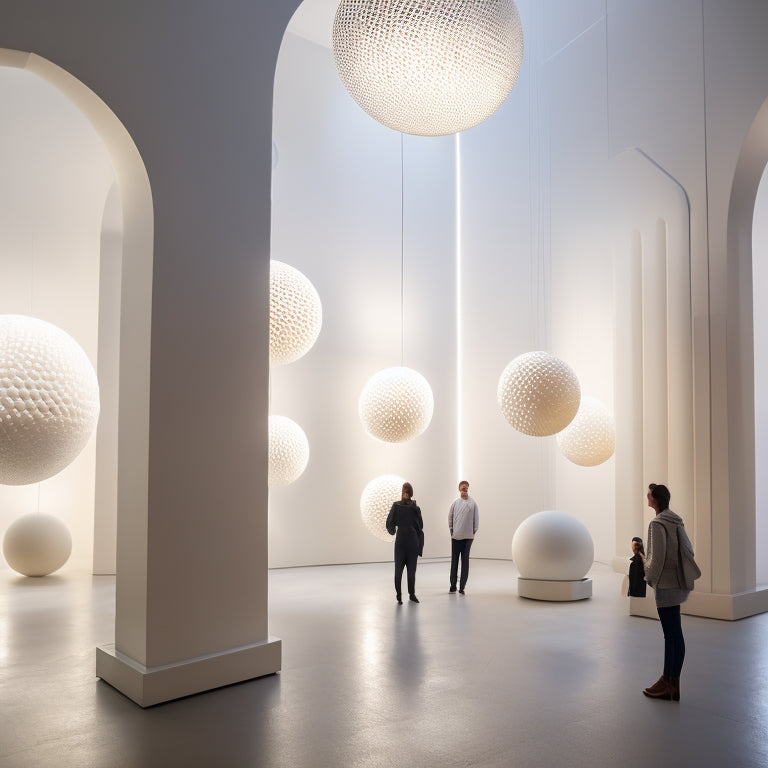 A dimly lit, large, white gallery space with a maze of suspended, glowing orbs that reflect and distort the surrounding architecture, inviting viewers to navigate and interact.