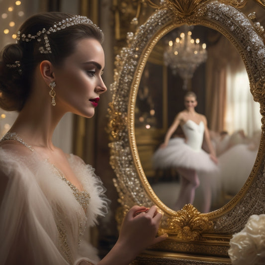 A lavish, golden-framed mirror reflects a beautiful, bejeweled ballerina in a sparkling white tutu, surrounded by ornate, velvet drapes and a delicate, crystal chandelier.