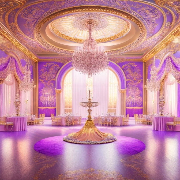 A whimsical illustration of a grand ballroom with a dance floor, surrounded by lavish chandeliers, and adorned with swirling patterns of ballroom dance-inspired SVG shapes in shades of gold, pink, and lavender.