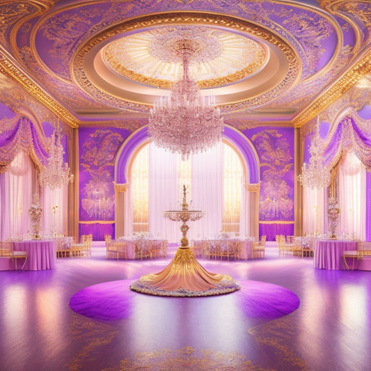 A whimsical illustration of a grand ballroom with a dance floor, surrounded by lavish chandeliers, and adorned with swirling patterns of ballroom dance-inspired SVG shapes in shades of gold, pink, and lavender.