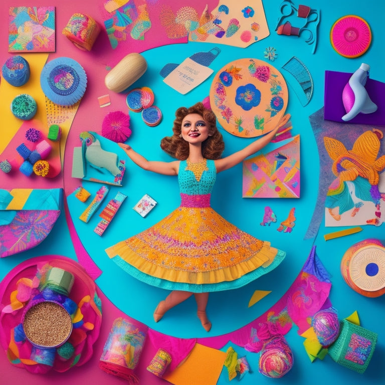 A whimsical illustration featuring a dancing mom surrounded by colorful craft supplies, scissors, and a cutting mat, with intricate dance-inspired patterns and shapes in the background.