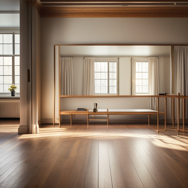 A serene, well-lit studio with a wooden floor, featuring a lone ballet barre against a mirrored wall, with a exercise mat neatly rolled out in front of it.