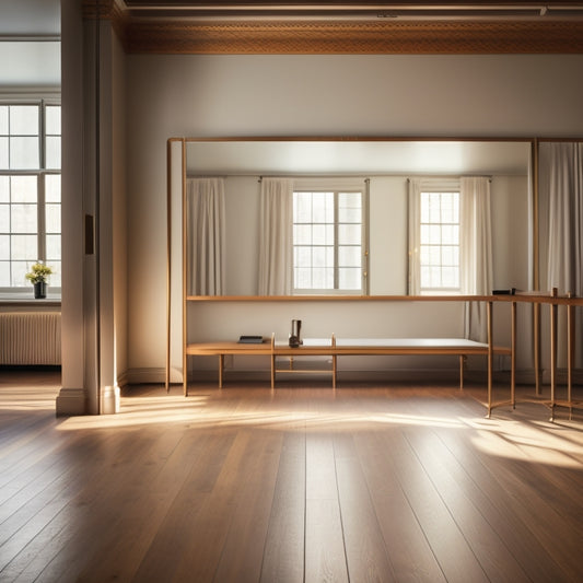 A serene, well-lit studio with a wooden floor, featuring a lone ballet barre against a mirrored wall, with a exercise mat neatly rolled out in front of it.