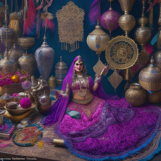 A colorful, intricate illustration featuring a belly dancer surrounded by various props like veils, swords, and fans, with craft supplies like glue, scissors, and fabric scattered around her.