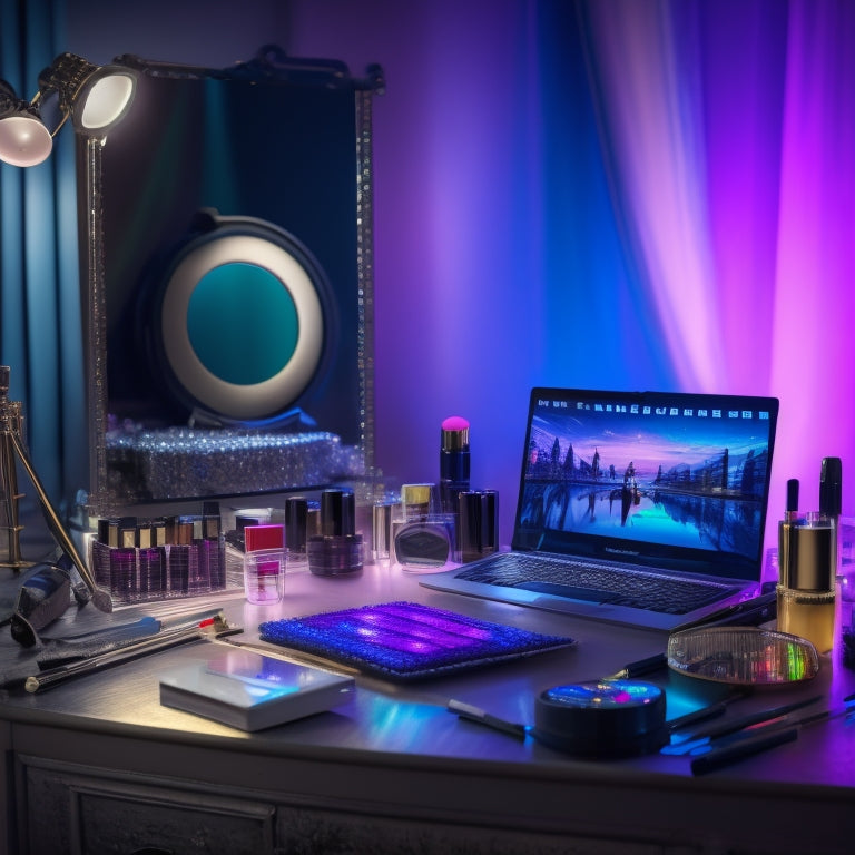 A glamorous, spotlight-lit makeup station with a laptop, camera, and ring light, surrounded by colorful makeup palettes, brushes, and a mirror, with a blurred-out dancer in the background.