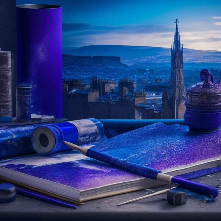 A vibrant, abstract depiction of Edinburgh's cultural scene, featuring swirling blues and purples, with fragments of paintbrushes, musical notes, and books, set against a subtle cityscape backdrop.