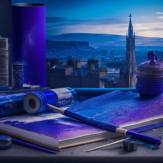 A vibrant, abstract depiction of Edinburgh's cultural scene, featuring swirling blues and purples, with fragments of paintbrushes, musical notes, and books, set against a subtle cityscape backdrop.