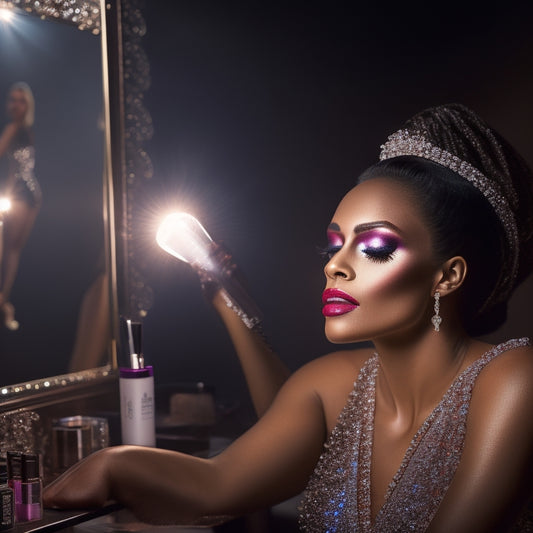 A spotlight shines on a dancer in mid-pose, surrounded by glittering makeup brushes, shimmering eyeshadows, and rhinestones, with a vanity mirror reflecting a flawless, stage-ready face.