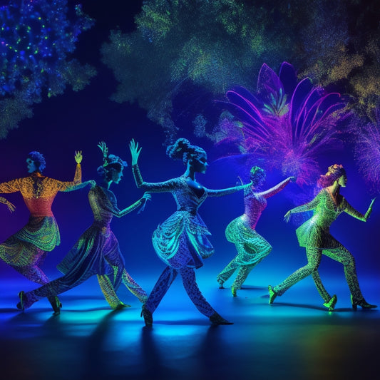 A dark blue background with six dancing silhouettes in various poses, overlaid with glowing, swirling patterns of bright pink, green, and yellow, created using intricate SVG shapes.