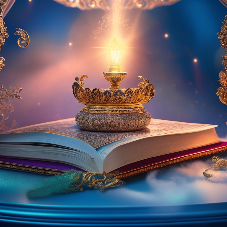 A mystical, ornate Bible with gold filigree lies open on a velvet-draped pedestal, surrounded by swirling, ethereal dance silhouettes, amidst a background of shimmering, iridescent mist.