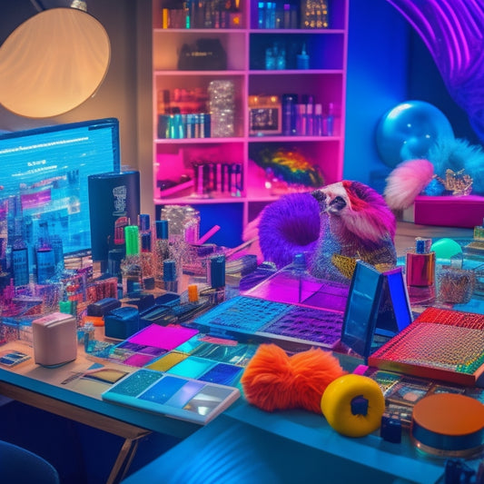 A busy entrepreneur, surrounded by scattered makeup products, dance costumes, and laptops, sits at a cluttered desk, overwhelmed, with a clock ticking in the background, amidst a blur of colorful dance-inspired patterns.