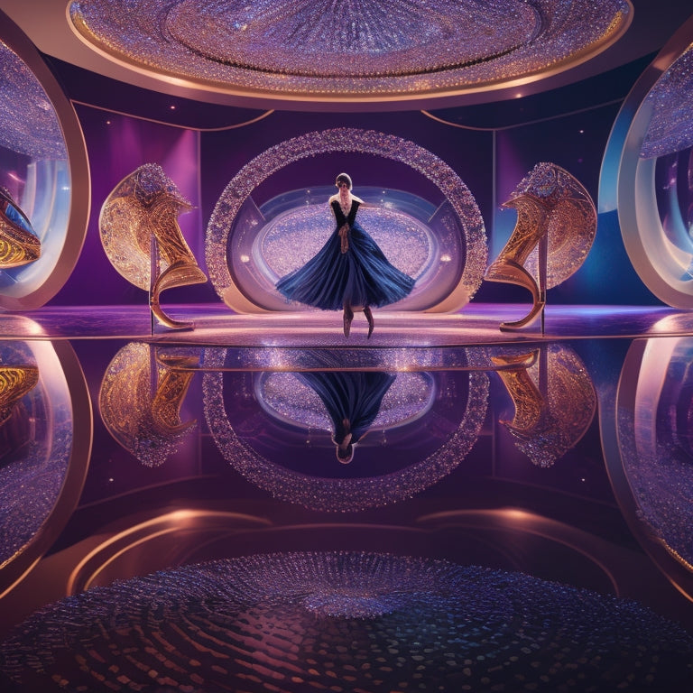 A stylized illustration of a dance floor, surrounded by gleaming, curved mirrors, with a pair of elegant, swirling dance shoes at its center, amidst a whirlwind of shimmering lights and dynamic shapes.