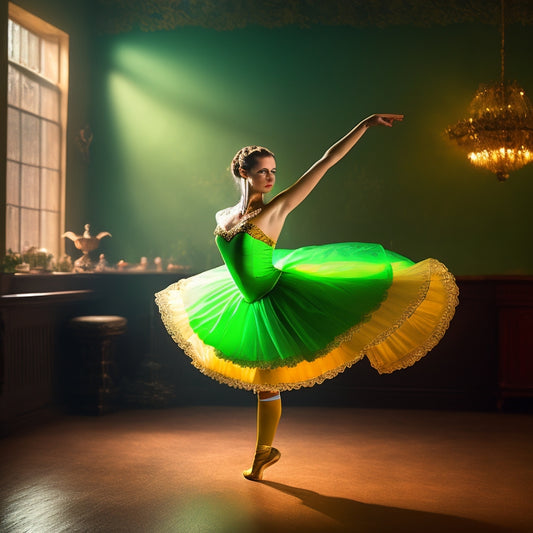 A solitary Irish dancer, bathed in warm, golden light, stands in a dimly lit studio, her tutu a whirl of emerald green, her arms outstretched, and her toes pointed in perfect arabesque.