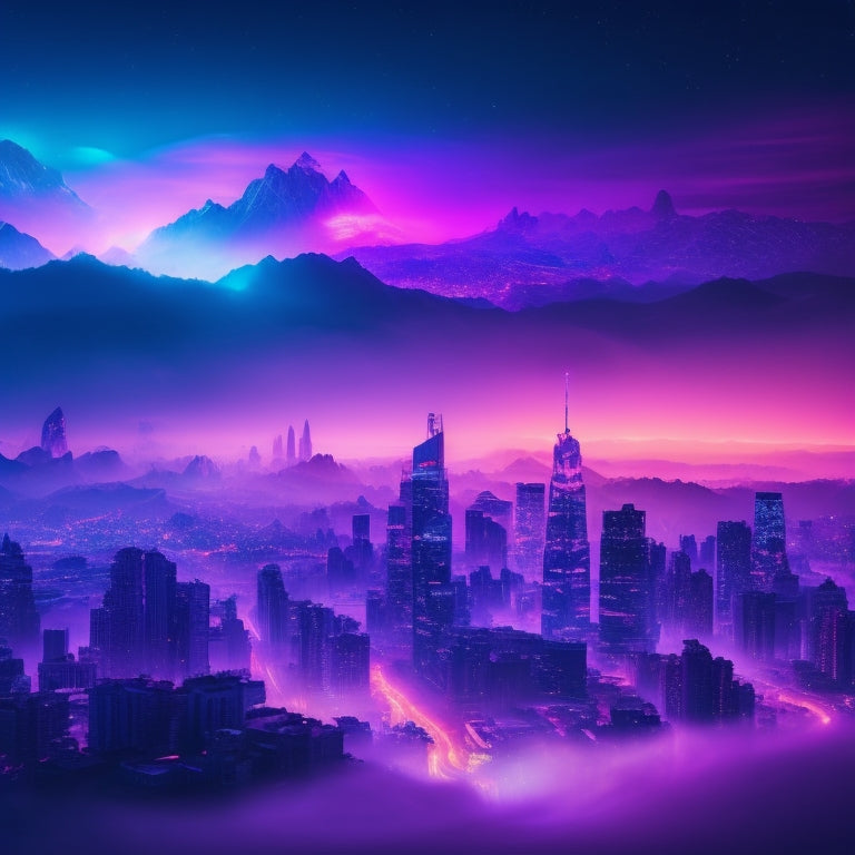 A surreal, dreamlike cityscape with iridescent buildings, glowing neon lights, and swirling mist, set against a deep blue-purple twilight sky with scattered, shimmering starlight.