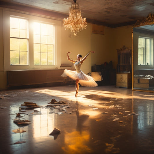 A warm-lit dance studio with a lone dancer in the center, surrounded by fractured mirrors, broken scales, and discarded diet books, with a subtle butterfly emerging from the shadows.