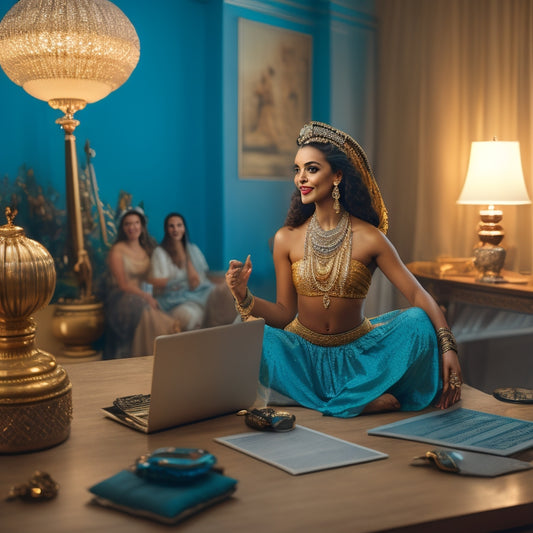 A warm, golden-lit studio with a beautiful, smiling dancer in a flowing, turquoise skirt, surrounded by mirrors, with a few Middle Eastern-inspired props, and a laptop in the corner.
