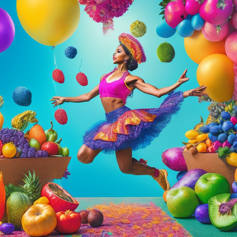 A vibrant illustration of a dancer in motion, surrounded by a colorful array of fruits, vegetables, whole grains, and lean proteins, with a subtle festival background of balloons and confetti.