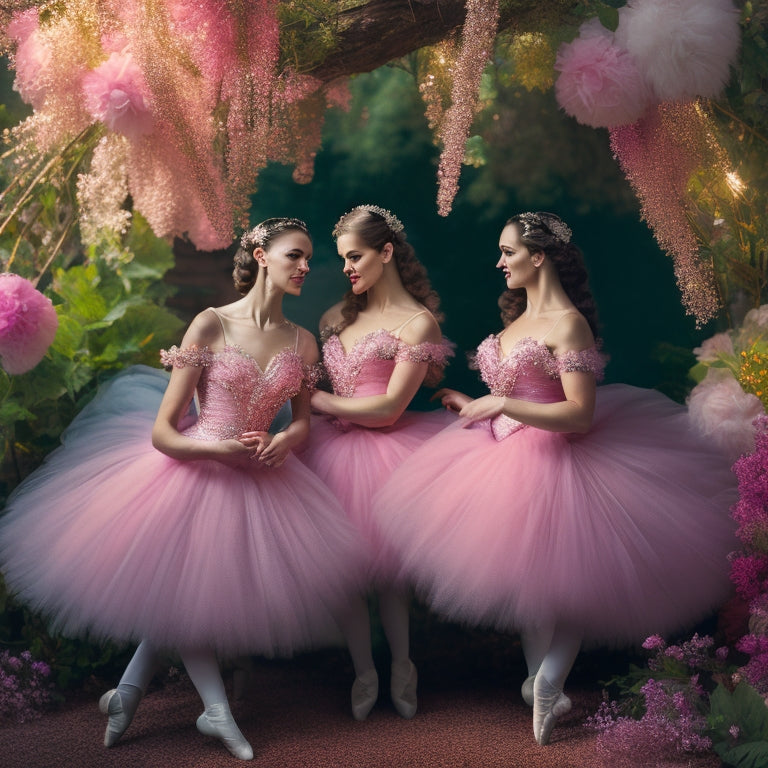 Three ballerinas in soft, flowing tutus, standing in a gentle triangle formation, surrounded by delicate flowers and vines, against a pale pink background with subtle, shimmering sparkles.