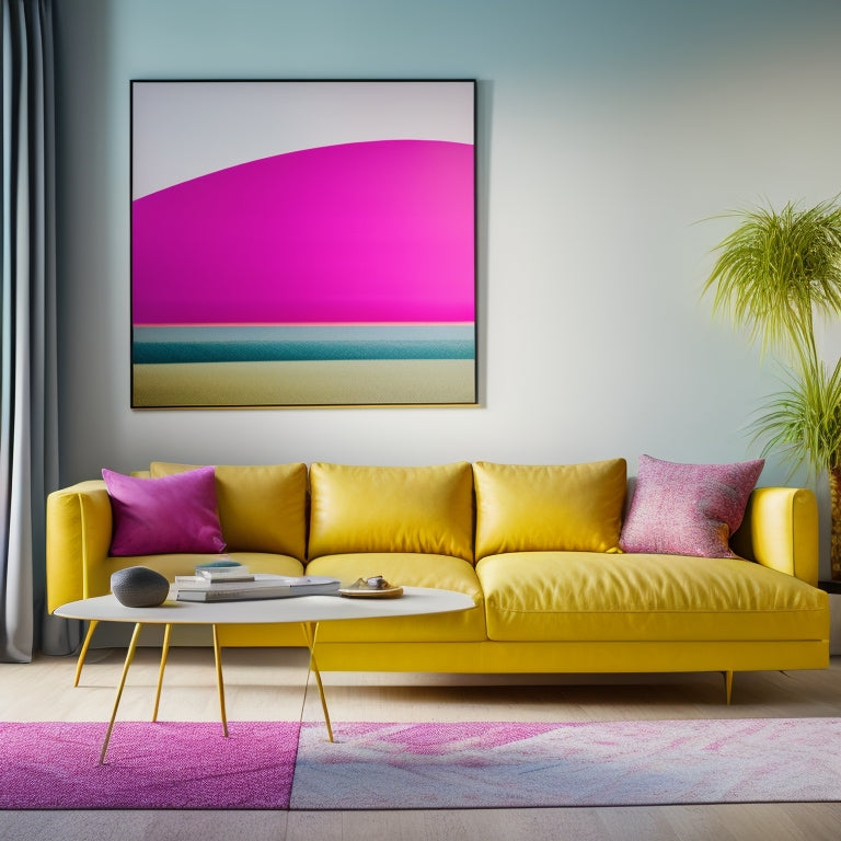 A colorful, minimalist living room with a large, abstract digital print in shades of turquoise, yellow, and pink, hanging above a sleek, low-profile couch.