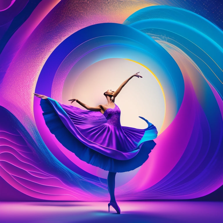 A vibrant, abstract illustration featuring a dancer's silhouette surrounded by swirling shapes and lines in shades of pink, blue, and purple, with digital templates and dance-inspired patterns in the background.