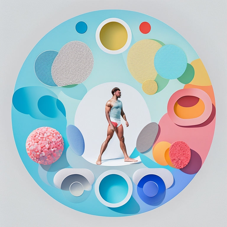A minimalist illustration featuring a person in the center, surrounded by seven circular frames, each containing a different body part (e.g., legs, arms, core, etc.) with simple, bold lines and bright, pastel colors.
