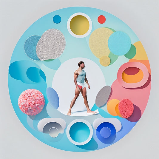 A minimalist illustration featuring a person in the center, surrounded by seven circular frames, each containing a different body part (e.g., legs, arms, core, etc.) with simple, bold lines and bright, pastel colors.