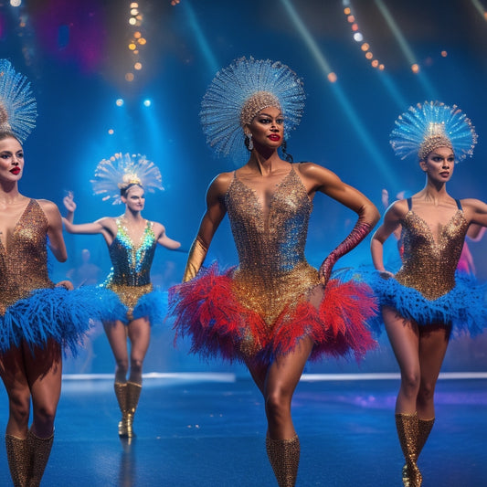 Vibrant sequined leotards in electric blue and shimmering gold, feathered skirts in vivid reds, and dramatic tutus, all set against a dazzling stage with colorful spotlights and a dynamic audience in the background.