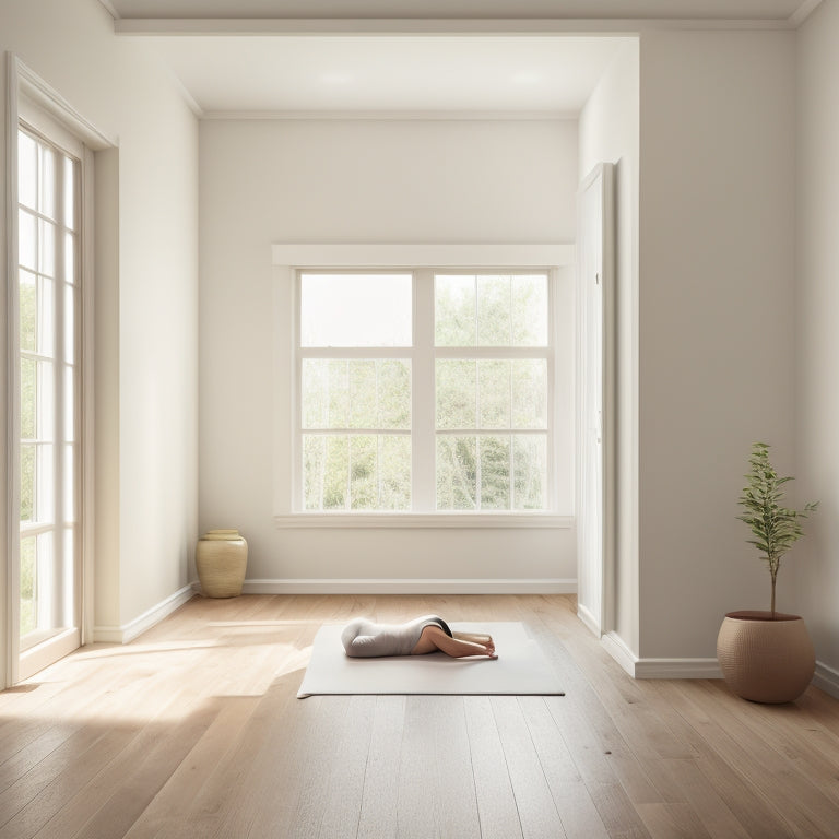 A serene, minimalist home yoga studio with a dark wood floor, cream-colored walls, and a large window with a subtle natural light glow, featuring a yoga mat, a few props, and a calm atmosphere.