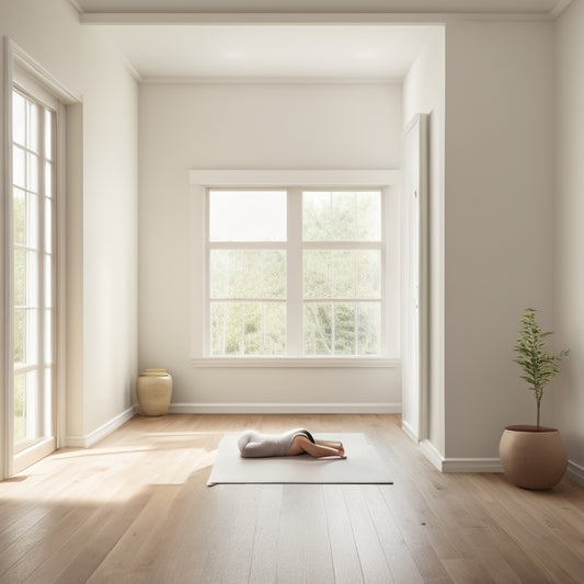 A serene, minimalist home yoga studio with a dark wood floor, cream-colored walls, and a large window with a subtle natural light glow, featuring a yoga mat, a few props, and a calm atmosphere.