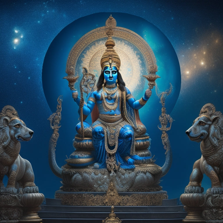 An intricately designed Hindu-inspired wallpaper featuring Kali, with four arms and a garland of skulls, standing in front of a majestic Shiva, with a serpent around his neck, set against a vibrant, starry night sky.