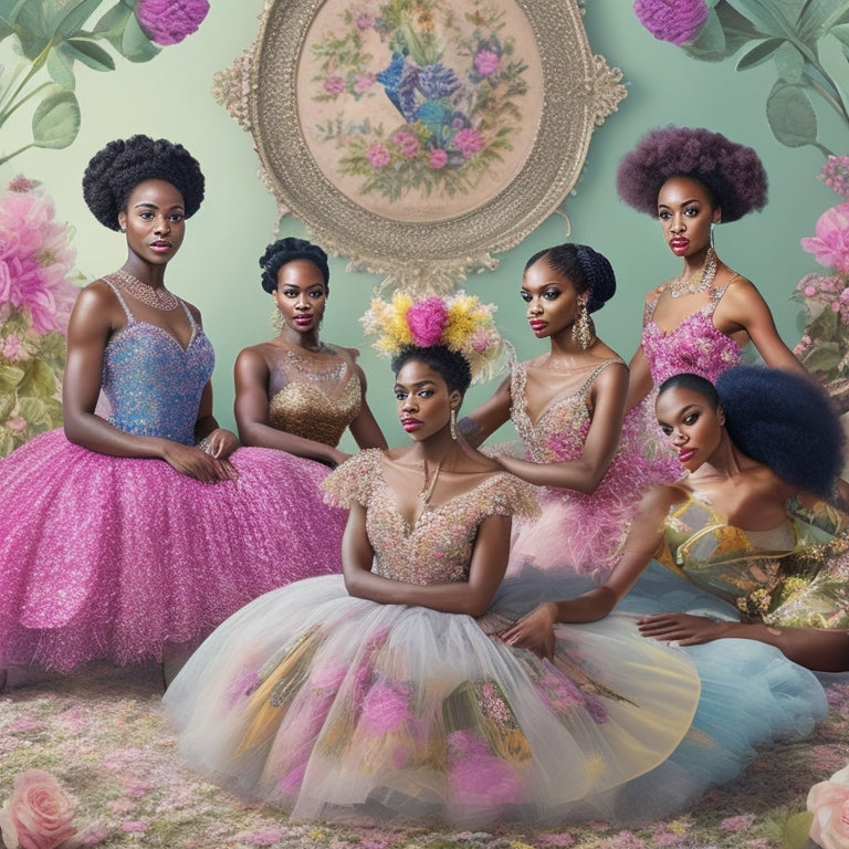 A whimsical illustration featuring a group of confident, diverse Black ballerinas of various skin tones and hairstyles, surrounded by floral patterns, tutus, and subtle African-inspired motifs.